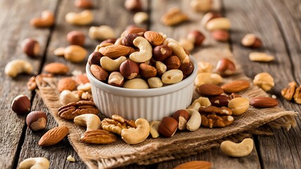 Assorted Nuts in Bowl on Burlap and Wood mixed nuts