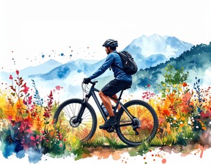 Fototapeta premium Watercolor landscape featuring a cyclist amidst blooming flowers and mountains