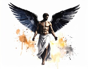 Winged figure watercolor illustration, ethereal heavenly protector concept art