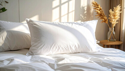 Cozy Bed and Pillow in Bright Light: The image showcases a luxurious white pillow placed on a bed, bathing in the warm embrace of soft sunlight, promising a serene sleep environment.