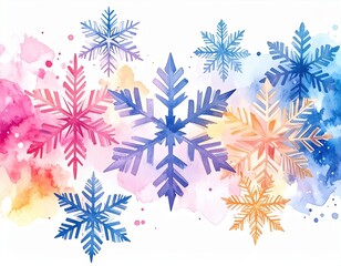Watercolor snowflakes on abstract colorful background for winter and holiday concepts