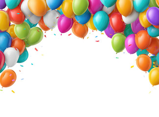 Colorful balloons and confetti frame a black background