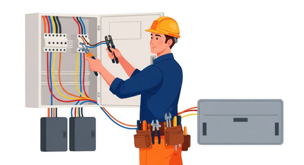 An electrician wearing a hard hat works on an electrical panel with colorful wires isolated on transparent background