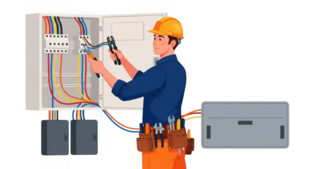 An electrician wearing a hard hat works on an electrical panel with colorful wires isolated on transparent background