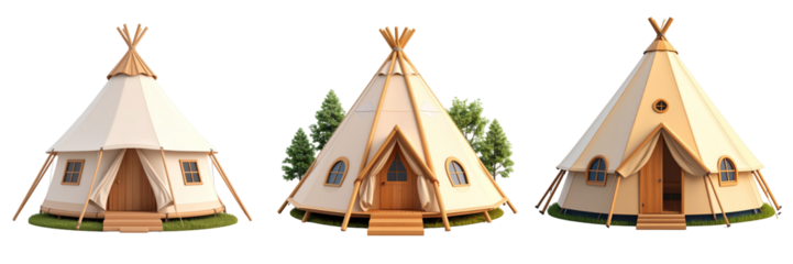 Three 3D Plastic Style Tipi Houses Isolated on Transparent Background Showcasing Beige Canvas Wooden Structure with Brown Entrance and Green Grass in Frontal Perspective