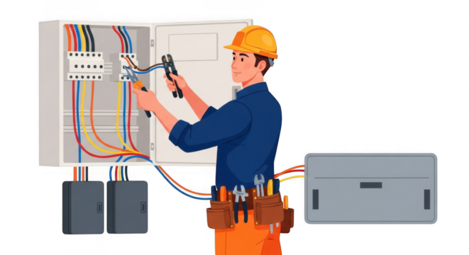 An electrician wearing a hard hat works on an electrical panel with colorful wires isolated on transparent background