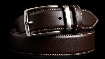 Close-up of a dark brown leather belt with a metal buckle, lying on a black background
