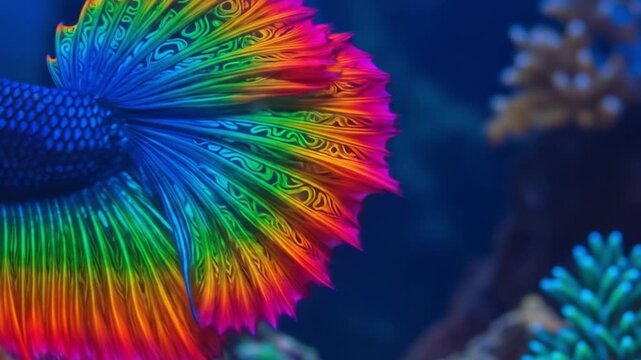 Closeup of a rainbowcolored Betta fish scales detailed swimming in a bluetoned aquarium with corals in soft focus