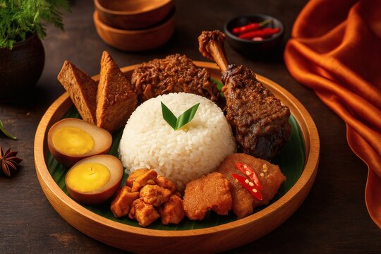 Gudeg, a traditional Javanese jackfruit stew with a sweet flavor, served with rice, chicken, and eggs on a wooden plate