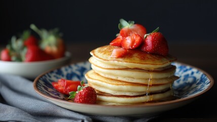 Healthy recipes using fruit, gluten free. Stack of pancakes topped with strawberries and syrup on a plate.