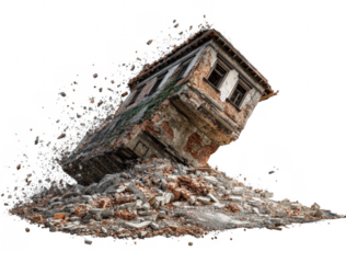 Old abandoned crumbling brick building collapsing into a pile of rubble and debris isolated