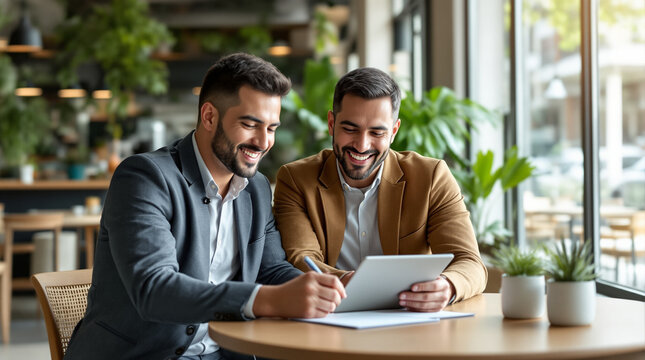 Profesionales hispanos firmando documento digital en cafeter&iacute;a