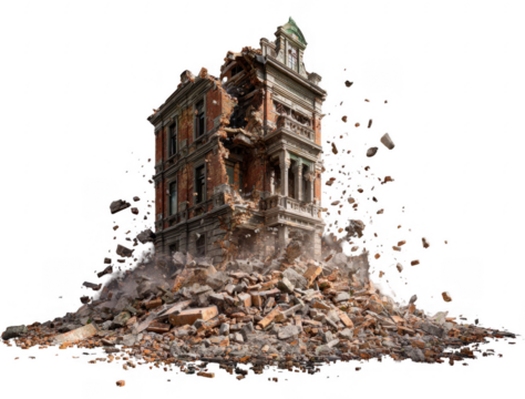 Old brick building collapsing into rubble with dust and debris flying around during destruction
