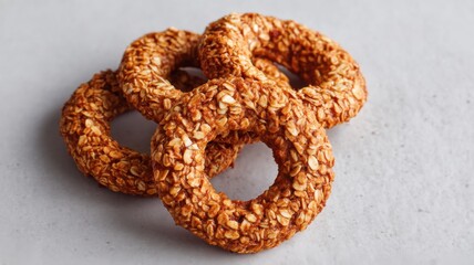 Healthy recipes using fruit, gluten free. Three toasted oat rings stacked together on a light surface.