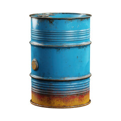 Old rusty blue metal barrel with yellow bottom isolated on black background for industrial use