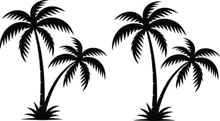Coconut palm tree silhouettes, tropical island nature vector illustration, summer beach holiday design, exotic paradise landscape, black palm tree graphic art