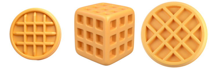3D Plastic Style Waffle Icons Set in Circular and Square Shapes Displaying Detailed Grid Texture on a Transparent Background