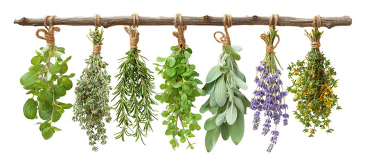 Bundles of herbs hanging from a wooden rod