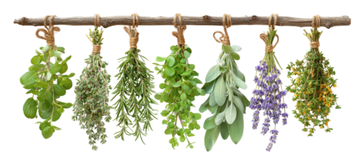 Bundles of herbs hanging from a wooden rod