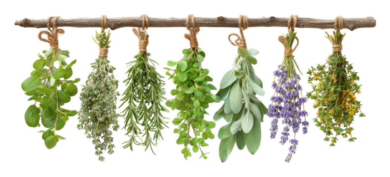 Bundles of herbs hanging from a wooden rod