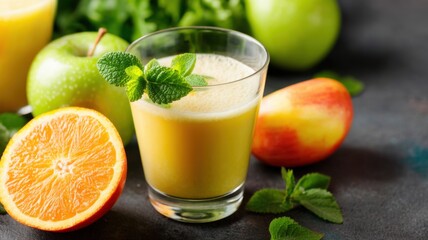Fototapeta premium Healthy recipes using fruit, gluten free. Fresh fruit juice with mint in a glass, surrounded by apples and oranges.