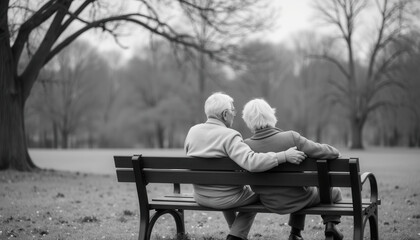 Elderly couple sitting closely on a bench in a park during winter  
