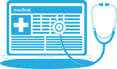 Medical healthcare technology illustration with laptop, stethoscope, online doctor consultation, digital health record, telemedicine design, hospital service, diagnostic support, background