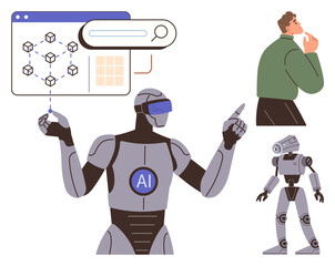 Robot with AI badge pointing at data flow, search interface, and cubes while a human observes thoughtfully. Ideal for technology, innovation, AI applications, machine learning, human-AI interaction