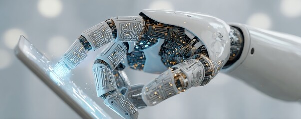 White robotic arm interacts with a digital screen