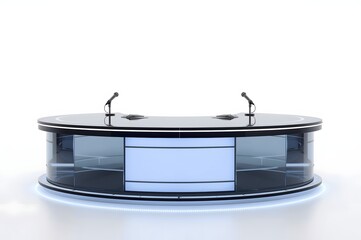 Studio newsdesk, microphones, white background, broadcast