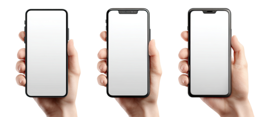 Three hands holding smartphones, blank screens (1)
