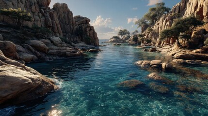 Obraz premium Clear Turquoise Water Flows Between Rocky Shores at Sunny Coast