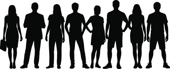 Silhouette of diverse people standing together, group of men and women, teamwork, unity, business, casual, community, illustration, design