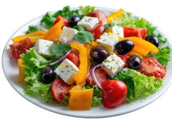 Fresh salad with feta, vegetables, and olives on a white plate