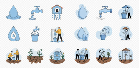 Water conservation icons: people collecting, using, and conserving water resources.