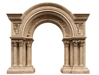 Naklejka premium Ornate classical stone archway with detailed carvings and Corinthian columns isolated on black