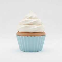 A light-blue cupcake with a generous swirl of off-white frosting sits on a plain white background.