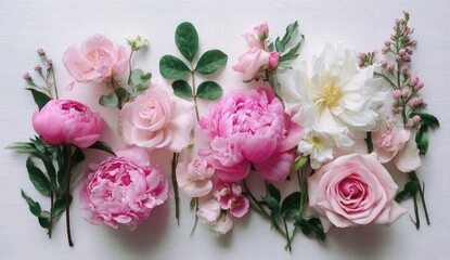 Pink and white flowers arranged on a light surface