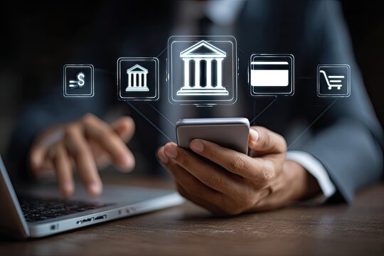 Person using smartphone for online banking. Overlayed financial icons