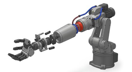 Detailed technical diagram of a robotic arm, showcasing the components and mechanical elements.
