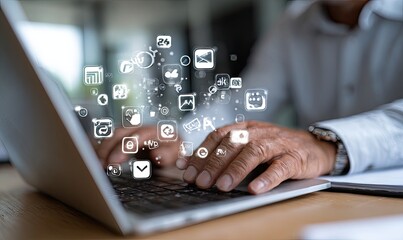 Senior person using laptop with digital icons overlay