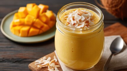 Healthy recipes using fruit, gluten free. Creamy mango smoothie with coconut flakes and fresh mango chunks.
