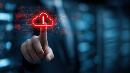 A hand points to a red cloud icon with an exclamation mark, signifying a cloud computing error