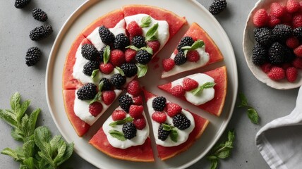 Healthy recipes using fruit, gluten free. Delicious berry tart with cream and fresh mint leaves.