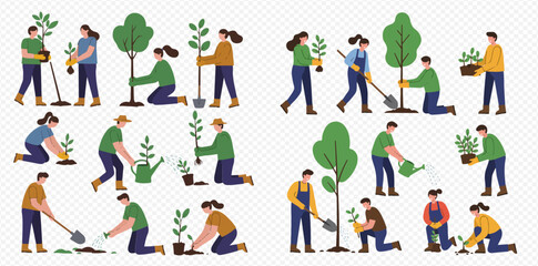 Diverse people planting trees and saplings, showcasing various gardening activities and environmental care.