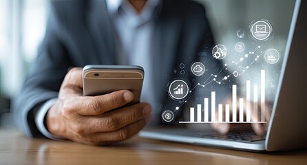 Businessman using phone and laptop, overlaid with growth charts and icons
