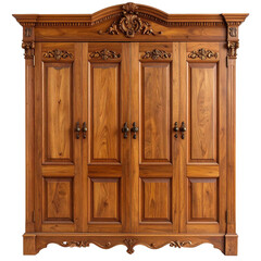 Timeless Wood Wardrobe Isolated On White Background: Exquisite wooden wardrobe, showcasing elegant craftsmanship and intricate carvings, radiates warmth and sophistication. 
