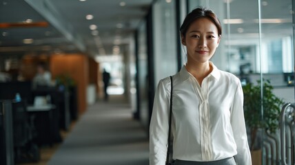 Obraz premium Confident businesswoman smiles in modern office setting.