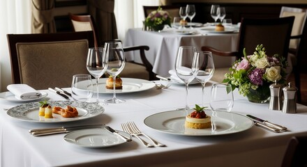 Fototapeta premium Elegant Fine Dining Restaurant Table Setting with Dessert, Cutlery and Flowers