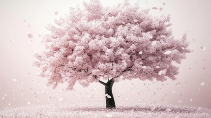 Beautiful cherry blossom tree in full bloom with petals falling gently around it